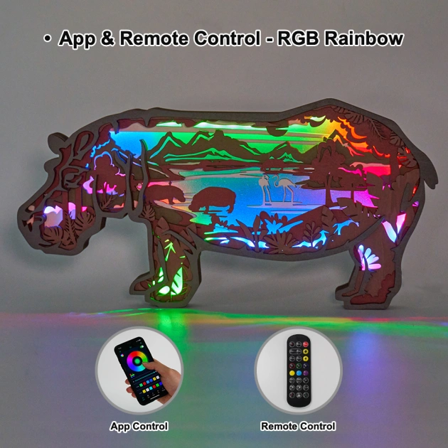 Hippos Wooden Carving Light, Suitable For Bedroom, Bedside, Desk, Exquisite Night Light
