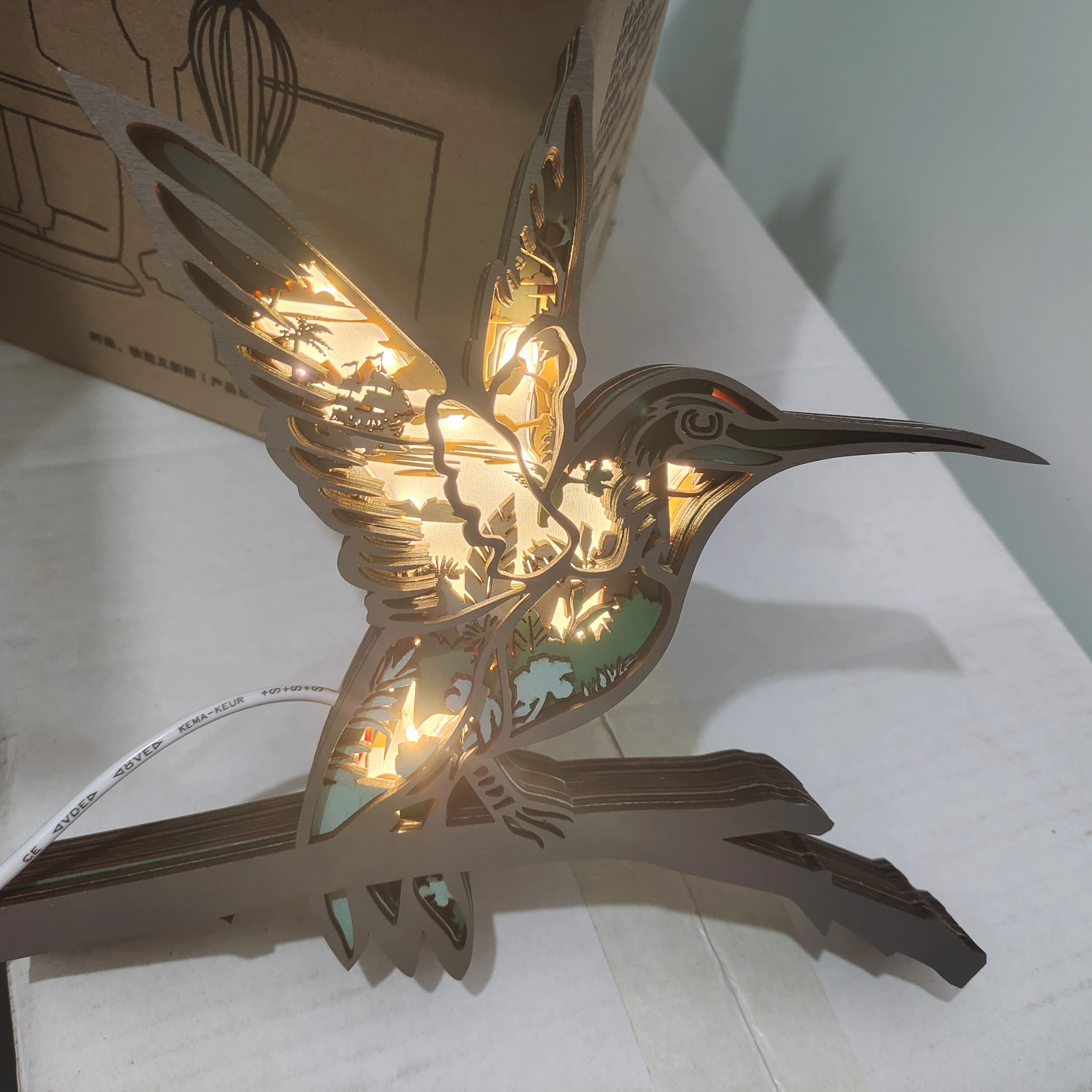 Hummingbird Wood Animal Statue Lamp with Voice Control and Remote Control