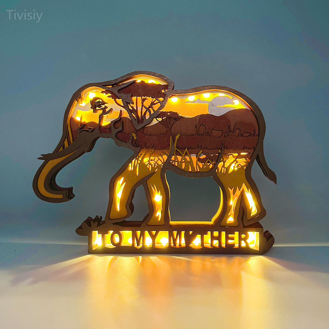 Customized Text Elephant 3D Wooden Carving Light, Suitable for Mother&Father's Day Anniversary Gift