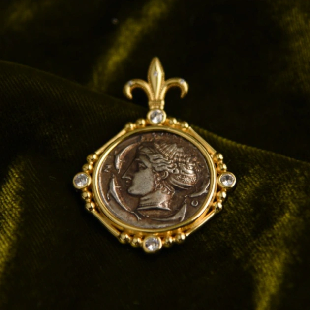 Persephone, Goddess of Spring's Bounty and Quadriga Coin Necklace