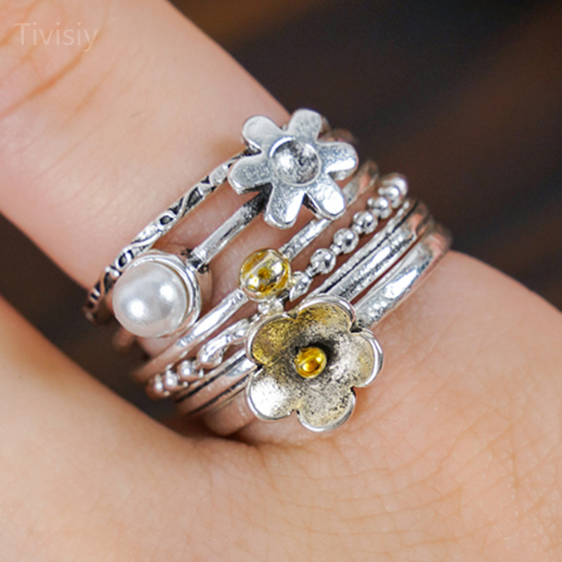 6 Piece Set Flower Pearl Rings