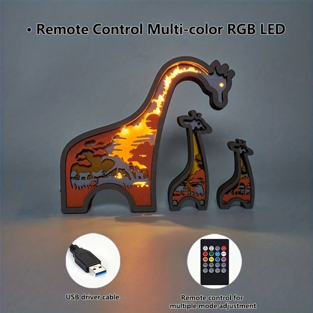 The Giraffe Family LED Wooden Night With Voice Control and Remote Control