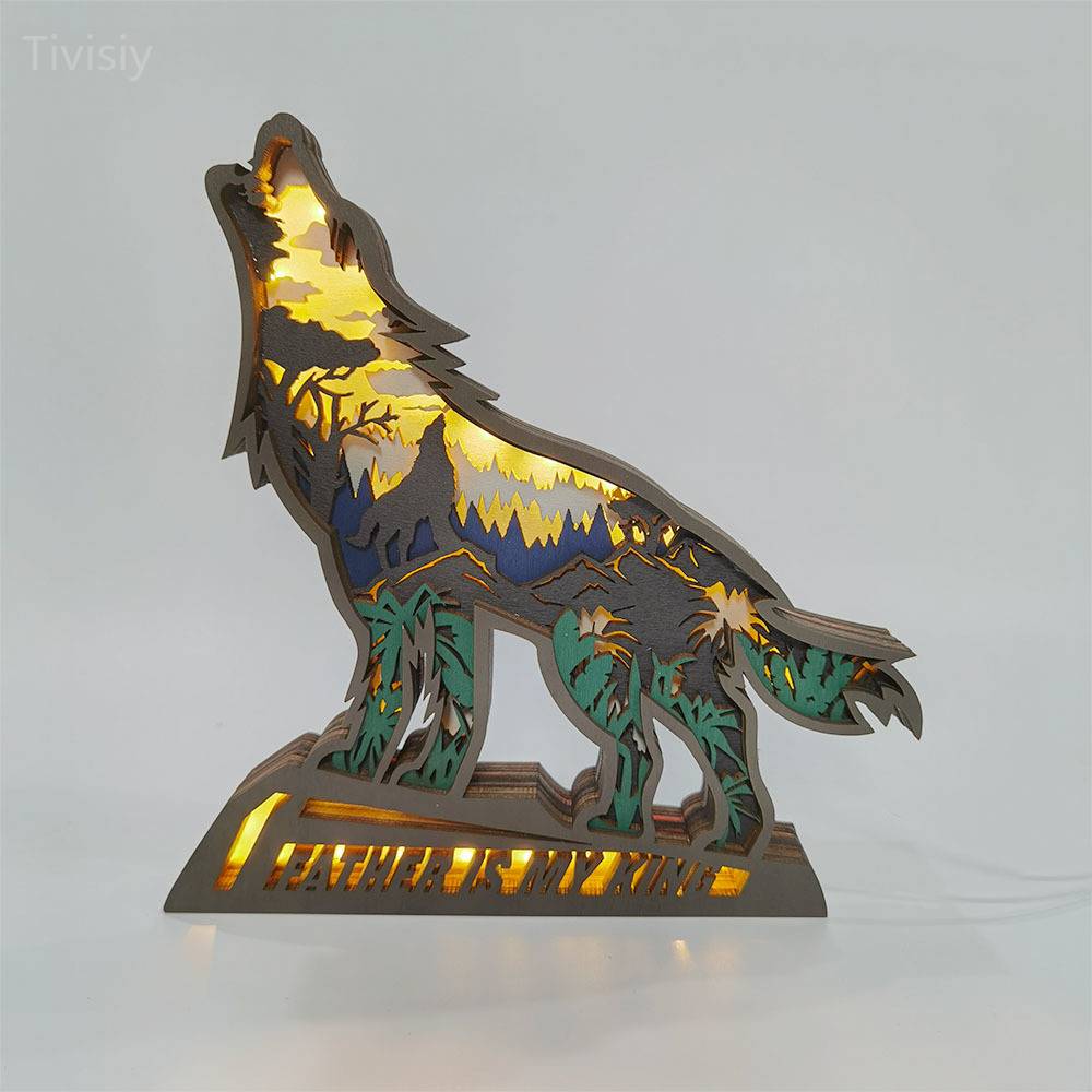 Customized Text Wolf 3D Wooden Carving Light, Suitable for Mother&Father's Day Anniversary Gift