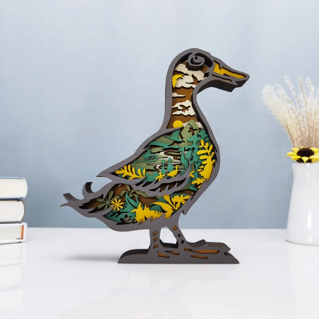 Cute Duck Wooden Animal Statues, for Home Desktop & Room Wall Decor, LED Night Light, Gift for Kids