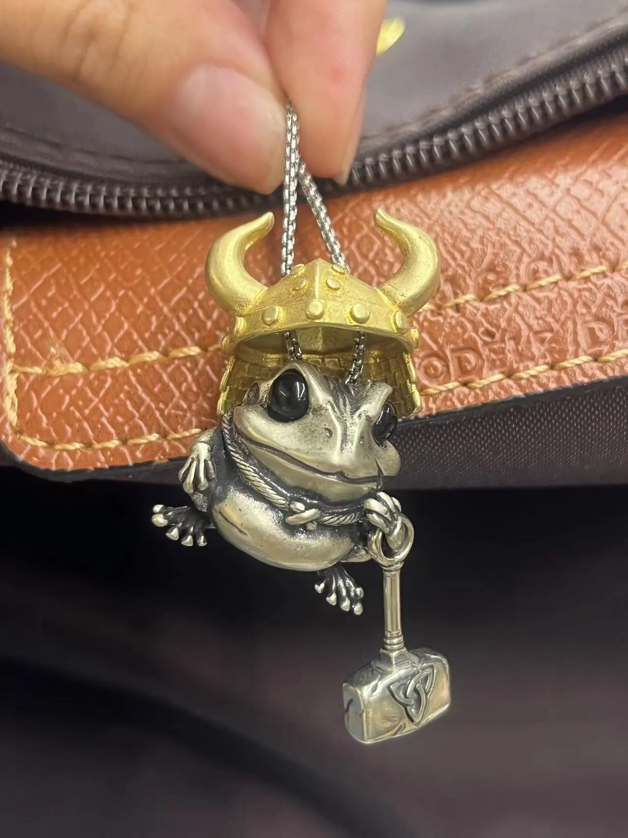 Medieval Vintage Silver Frog Pendant with Horned Helmet and Hammer