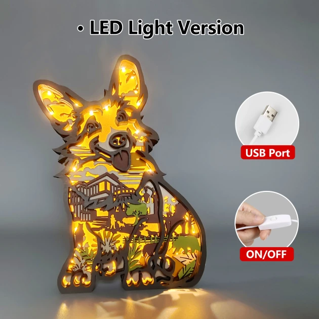 17.7 Inch Cute Corgi Wood Animal Statue Lamp with Voice Control and Remote Control