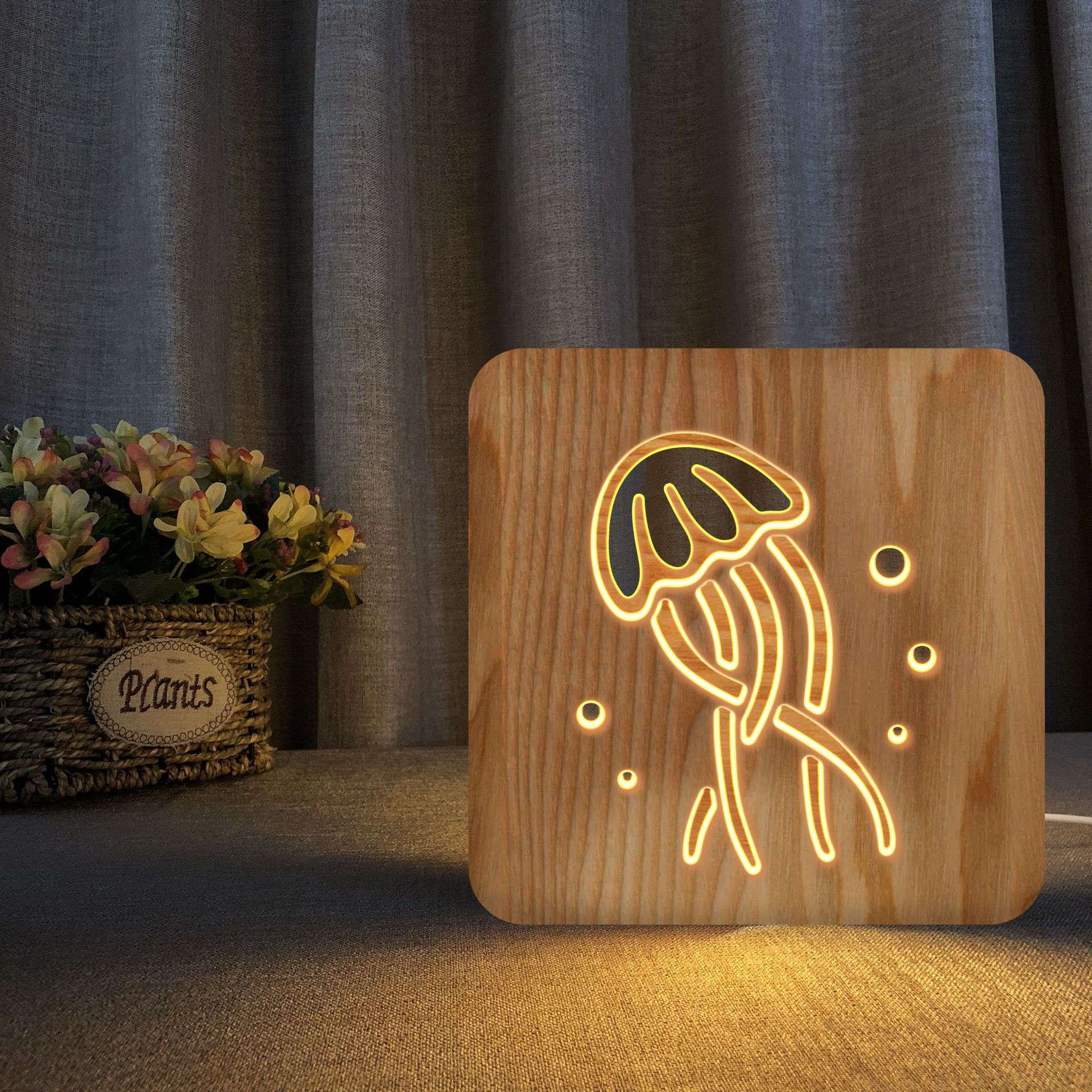 Jellyfish Wood Frame Night Light