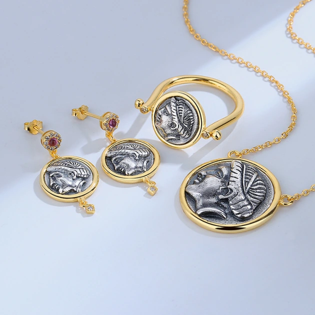 Laureate Head Ancient Coin Inspired Ring/Pendant, Necklace Set