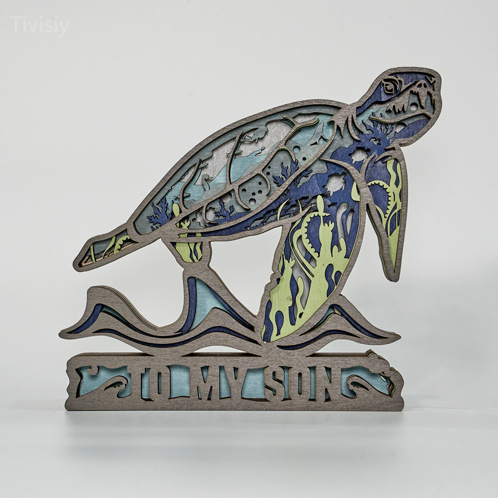 Customized Text Sea Turtle 3D Wooden Carving Light Suitable for Mother&Father's Day Anniversary Gift