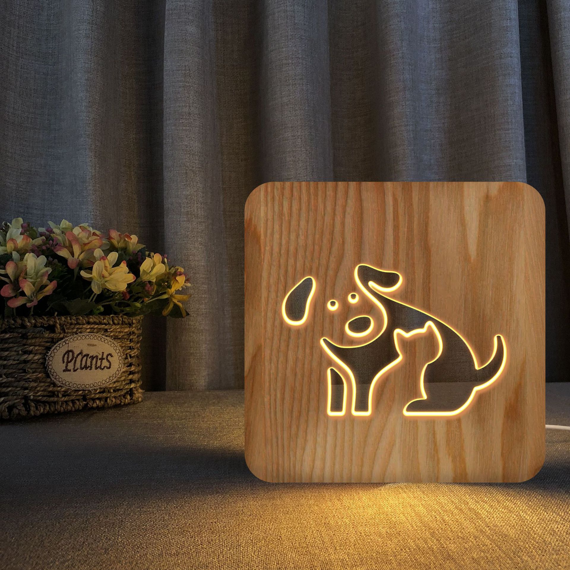 Happy Dog Wood Frame Night Light