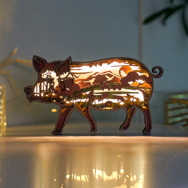 Pig Wooden Carving Light, Suitable For Bedroom, Bedside, Desk, Exquisite Night Light