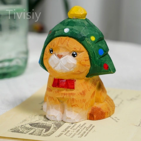 Christmas Cat Handmade Wood Carving Ornaments