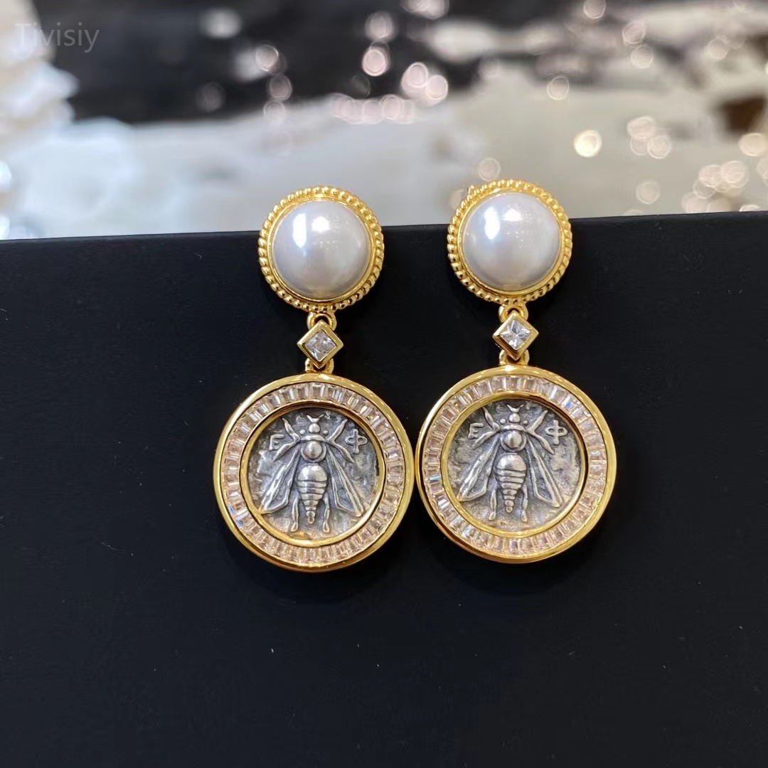 The Bee of Artemis and Stag Coin Pearl Earrings