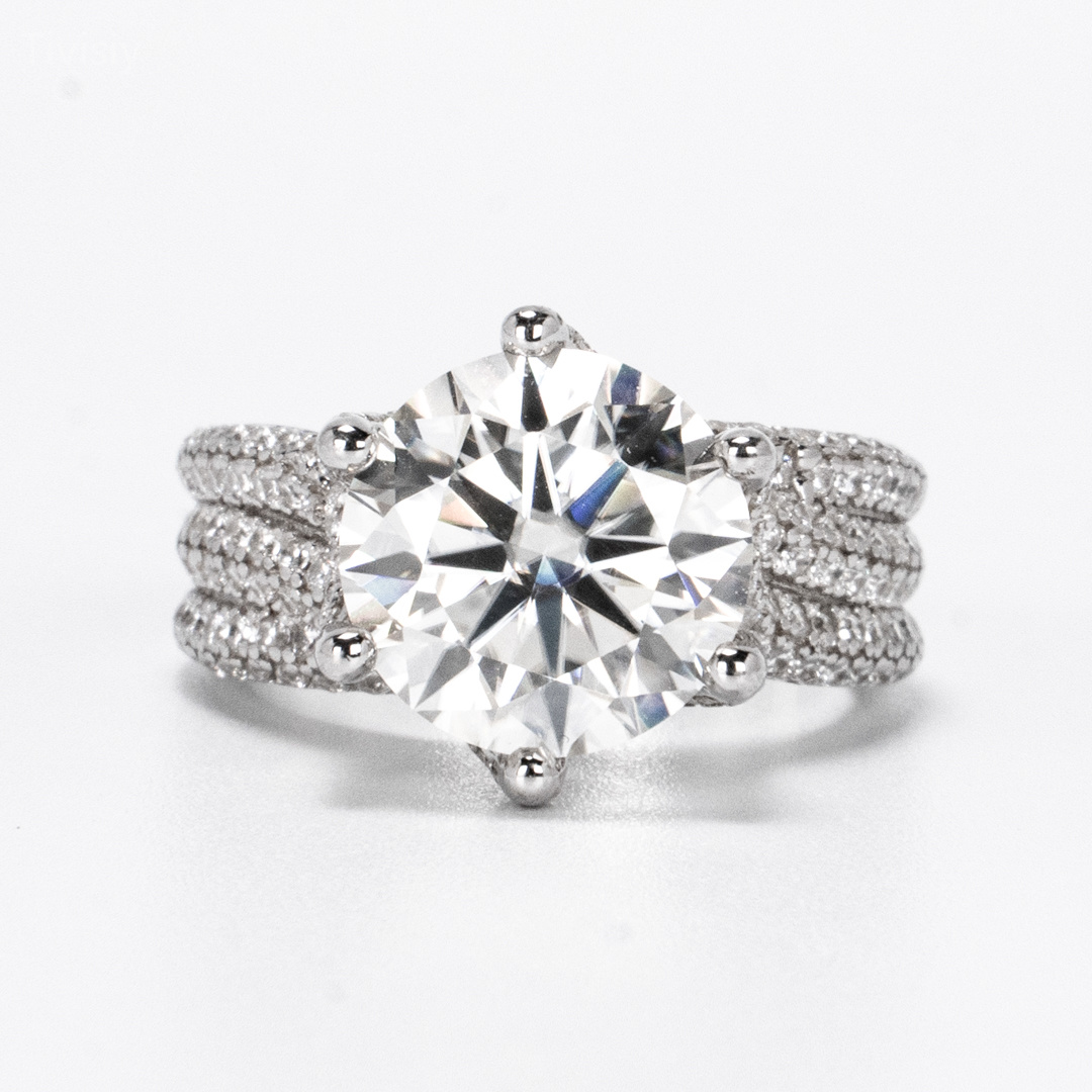 5 Carat Extra Large Super Sparkle Lab Grown Diamond Ring, Platinum Plated Sterling Silver
