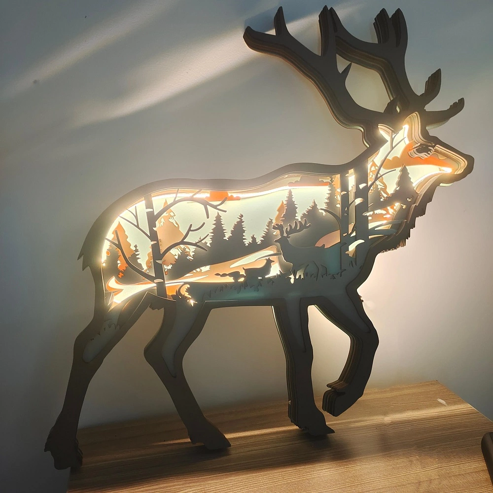 17.7 Inch Deer Wood Animal Statue Lamp with Voice Control and Remote Control