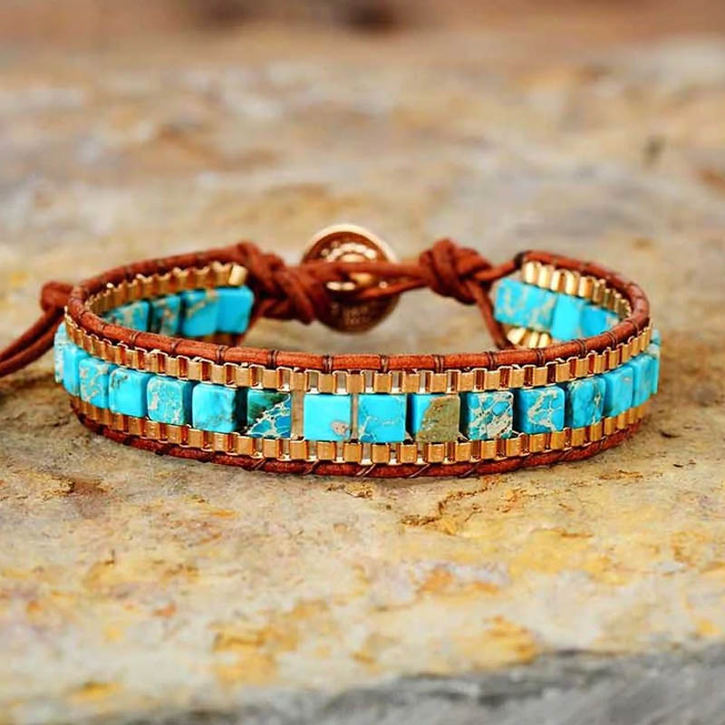 Aqua Turquoise Jasper with Gold Chain Beaded Bracelet