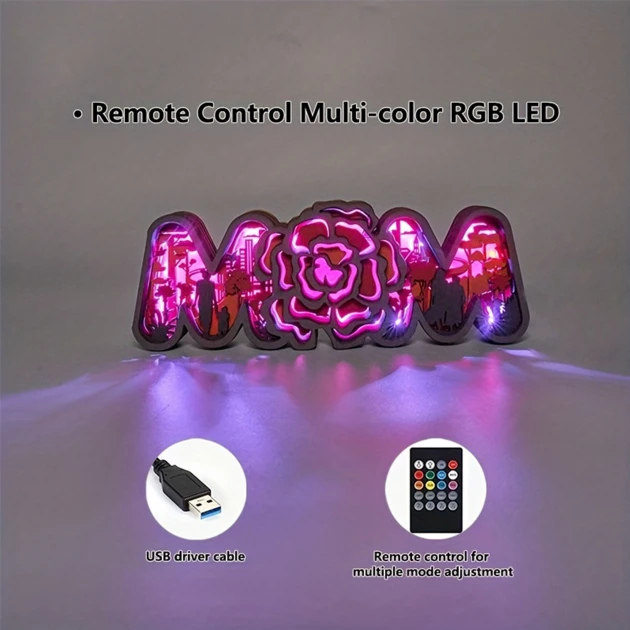 Mom Carnation LED Wooden Night Light With Voice Control and Remote Control