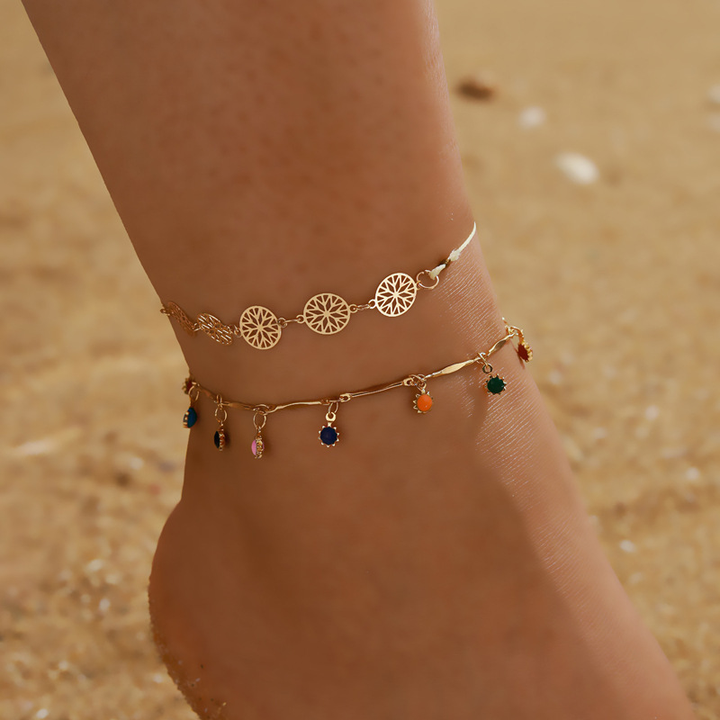 2pcs Hollow Out Gemstone Anklet