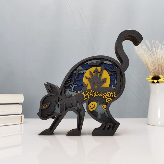 Halloween Black Cat 3D Wooden Carving,Suitable for Home Decoration,Holiday Gift,Art Night Light