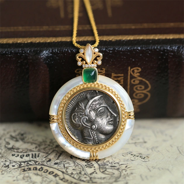 Athena, Goddess of Wisdom and Owl Coin Mother-of-pearl Necklace