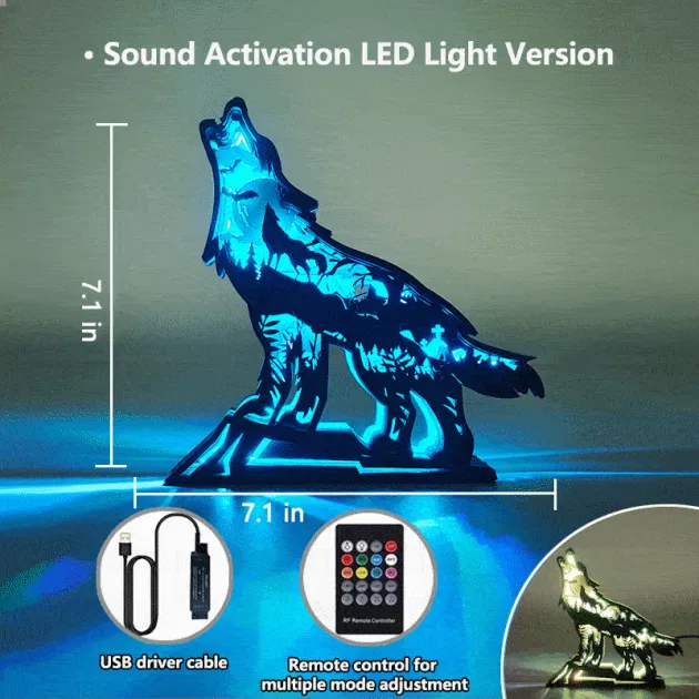 Wolf Wood Animal Statue Lamp with Voice Control and Remote Control