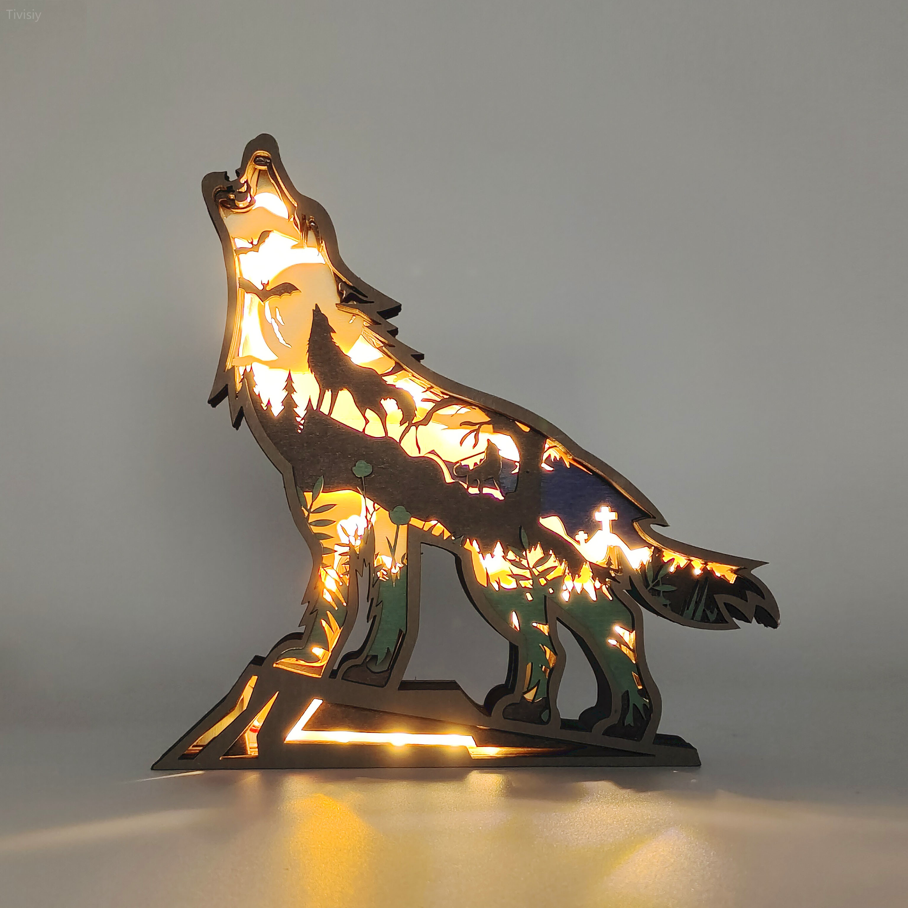 Wolf Wooden Animal Statues Night Light, For Home Desktop & Room Wall Decor, Gift For Husband Dad Son