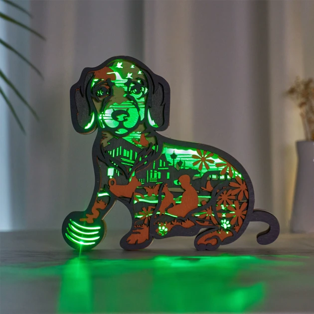 Dachshund 3D Wood Animal Statue Lamp with Voice Control and Remote Control