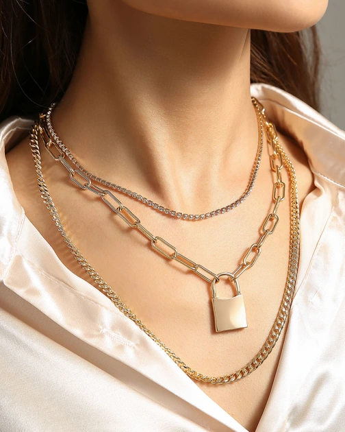 Street Style Plaid Chain Lock Necklace