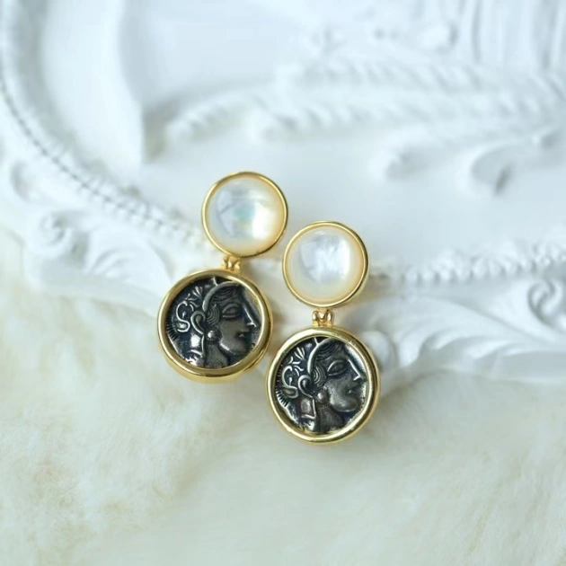 Athena, Goddess of Wisdom and Owl Coin Pearl Earrings