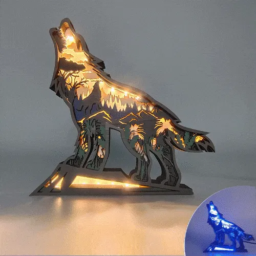 2023 Wolf Wood Animal Statue Lamp with Voice Control and Remote Control