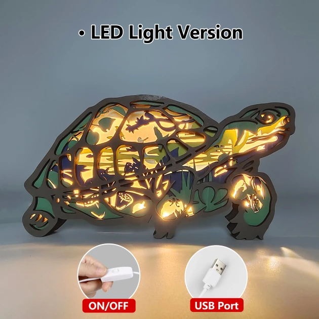 17.7 Inch Tortoise Wood Animal Statue Lamp with Voice Control and Remote Control