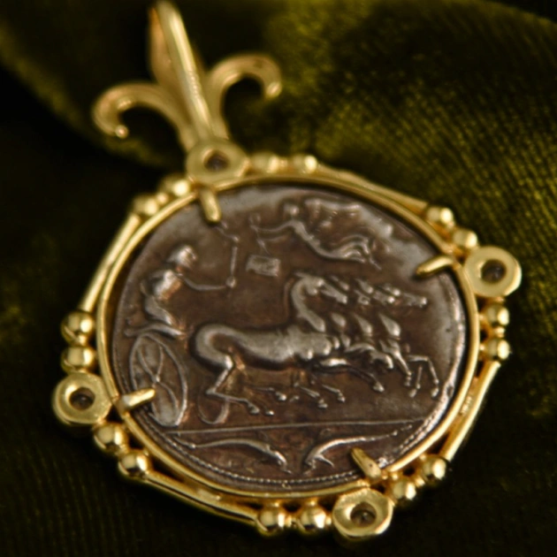 Persephone, Goddess of Spring's Bounty and Quadriga Coin Necklace