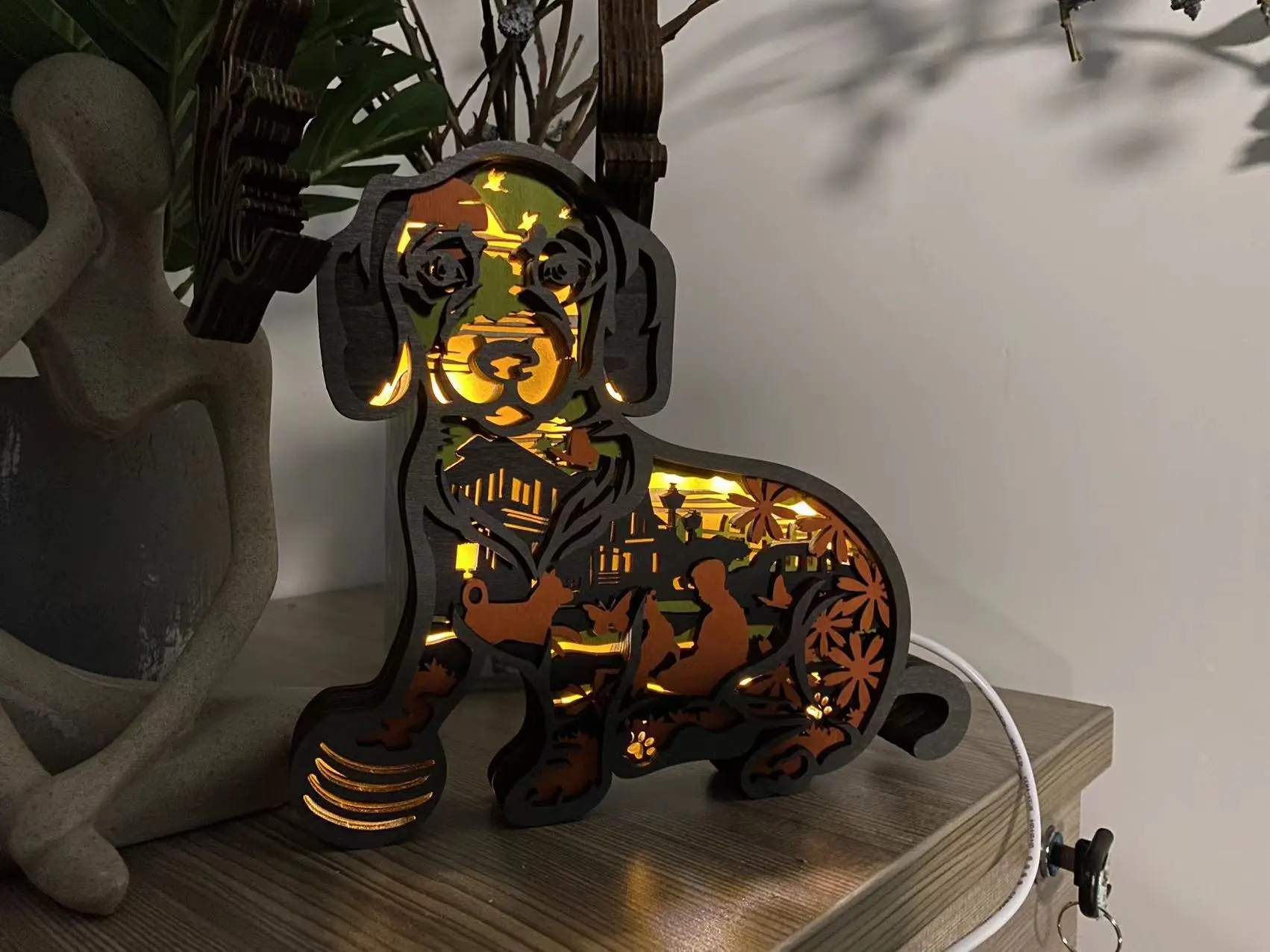 17.7 Inch Dachshund 3D Wood Animal Statue Lamp with Voice Control and Remote Control