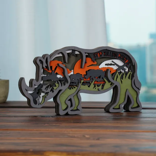 Rhino LED Wooden Night Light Gift for Festival Kids Home Desktop Decor