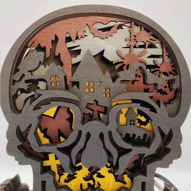 Halloween Skull 3D Wooden Carving,Suitable for Home Decoration,Holiday Gift,Art Night Light