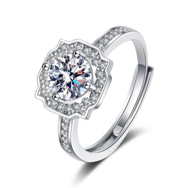 1CT Sparkling Round Cut Platinum Plated Sterling Silver Halo Moissanite Ring, Engagement