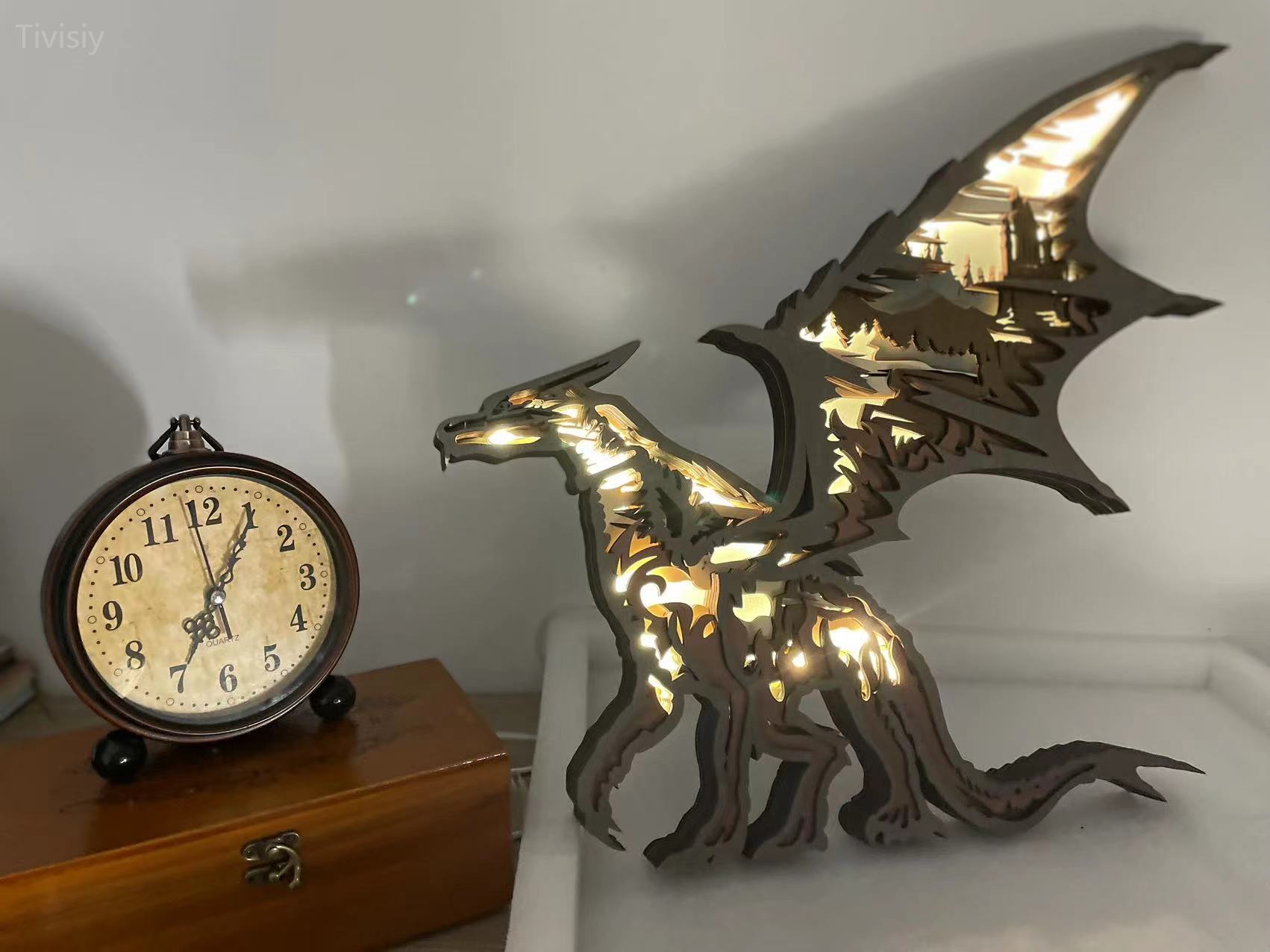 Dragon Wooden Animal Figurine Lamp For Room Wall, Kids Bedroom Decor, Perfect Dragon Gift