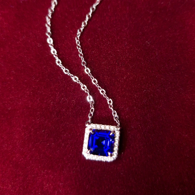 1.5CT Synthetic Sapphire Asscher Cut Pendant Necklace