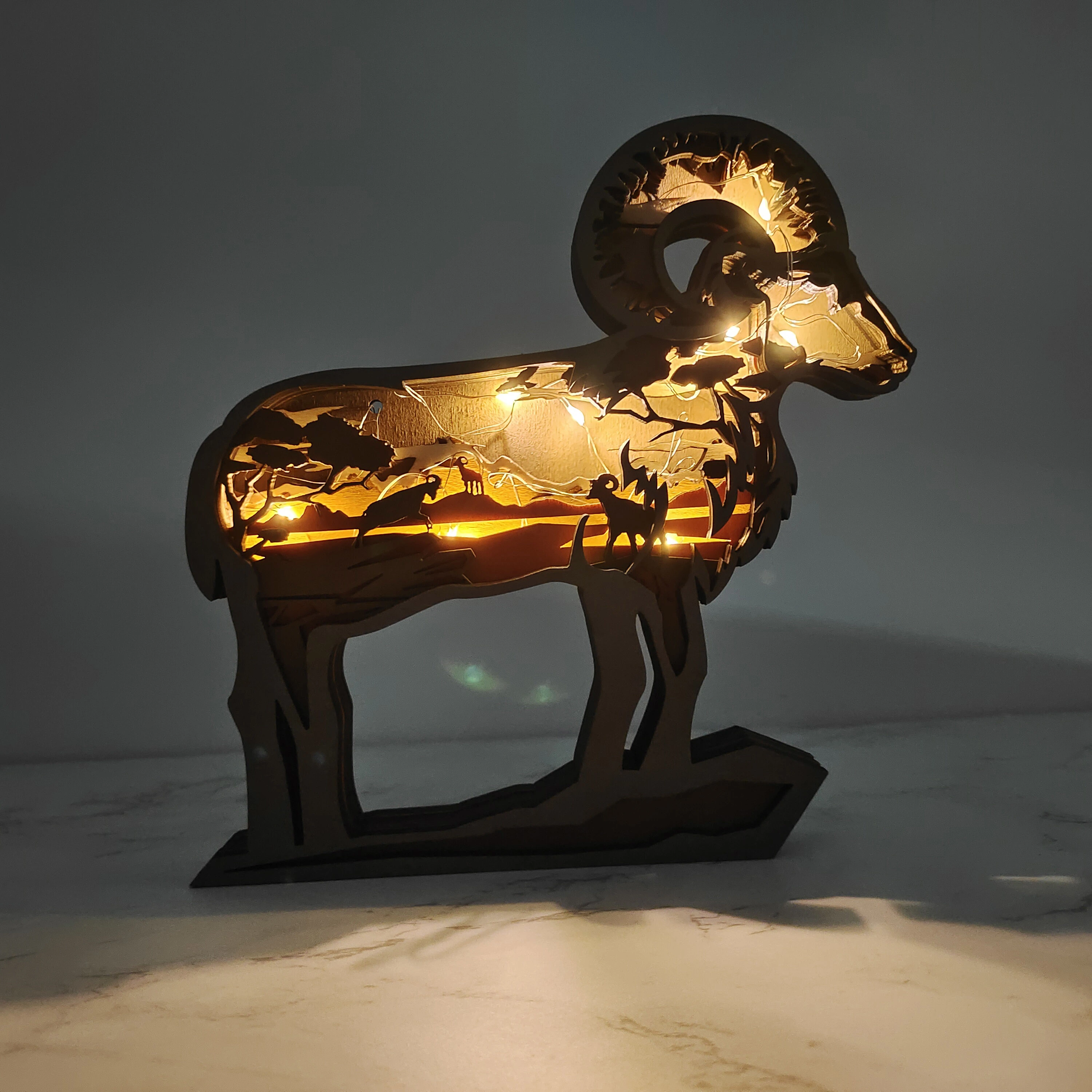 Bighorn Sheep Wooden Carving Light, Suitable For Bedroom, Bedside, Desk, Exquisite Night Light
