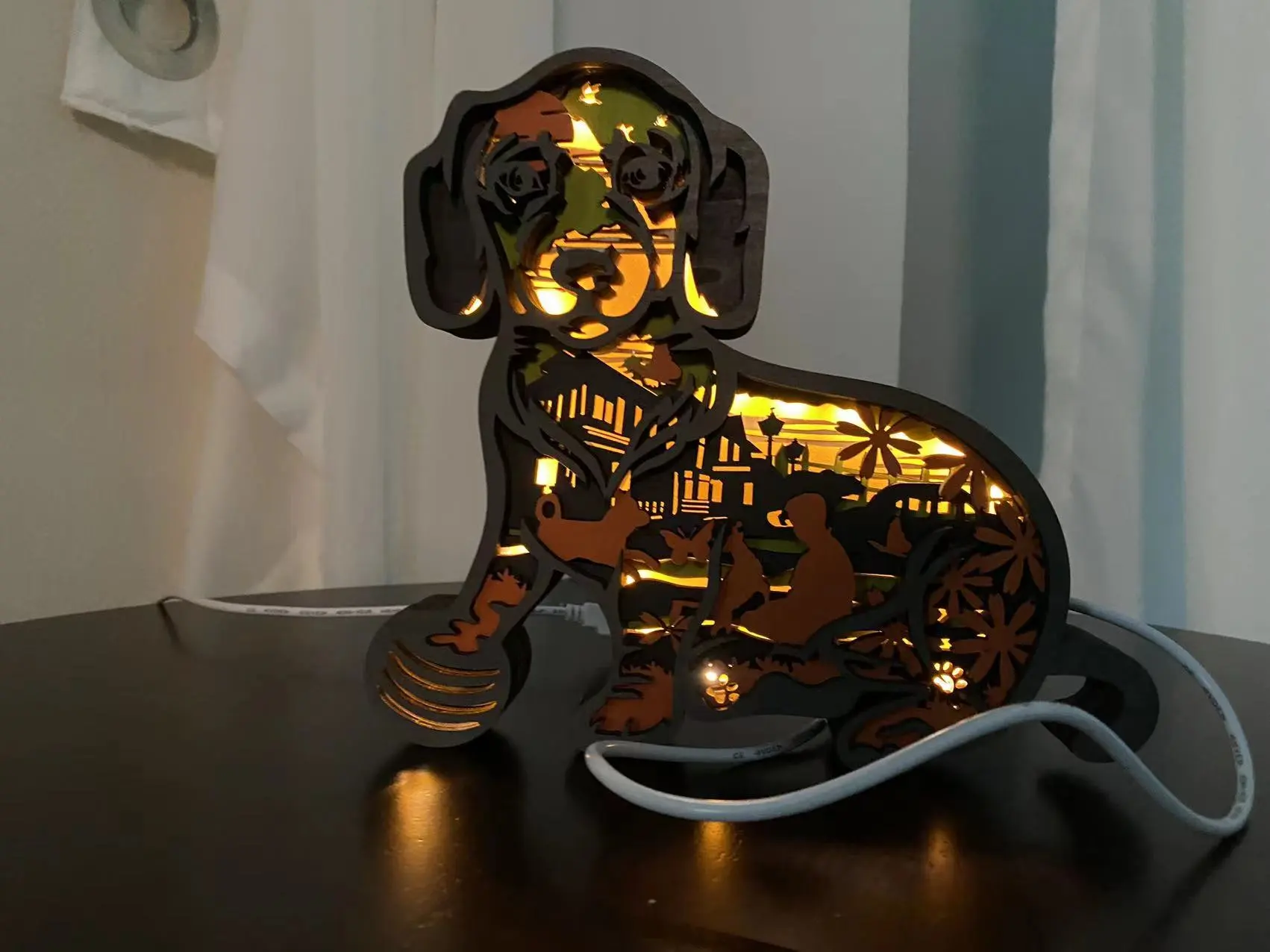 17.7 Inch Dachshund 3D Wood Animal Statue Lamp with Voice Control and Remote Control